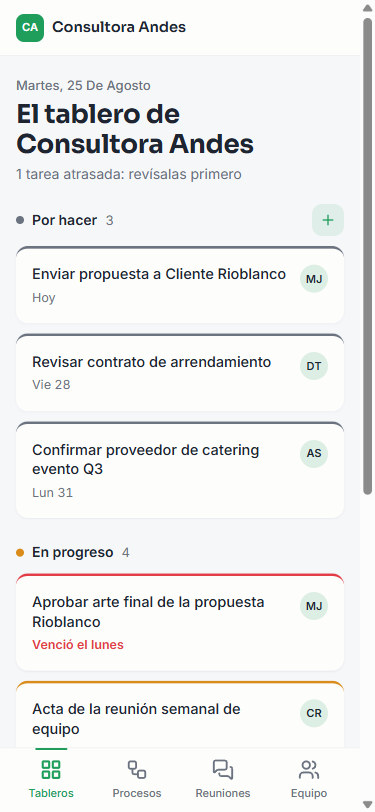 Tablero de tareas de Consultora Andes, con su logo y su color de marca